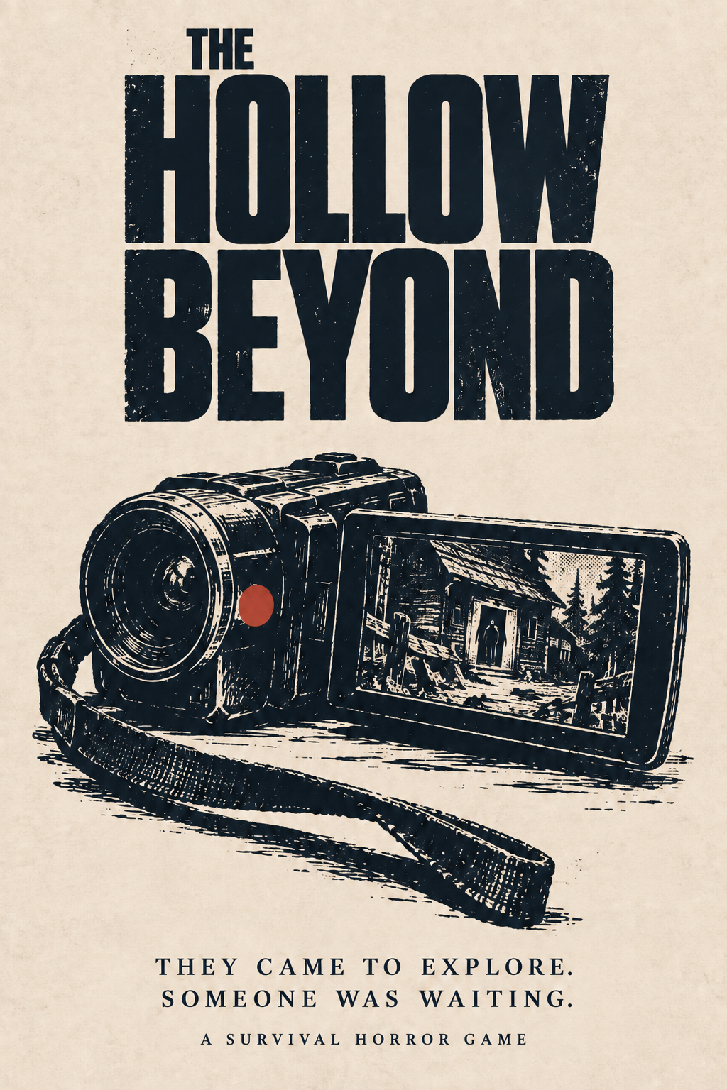 The Hollow Beyond poster: a video camera captures a shadowy figure in a cabin doorway