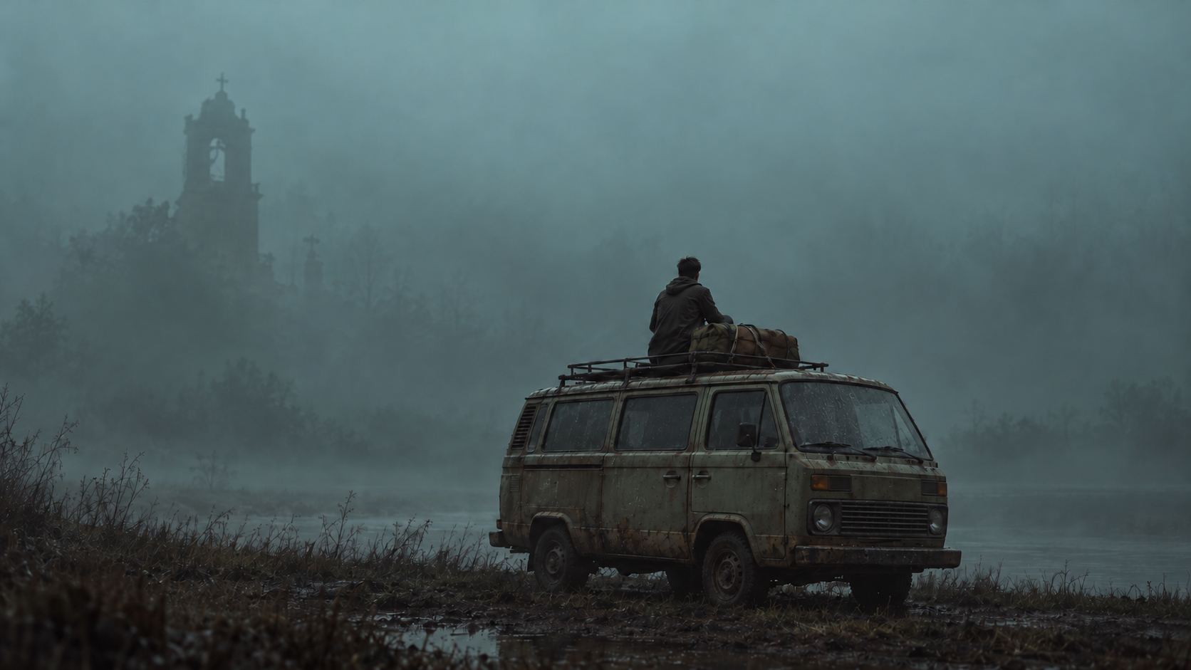The Hollow Beyond key art showing a lone traveler on a van in a foggy landscape